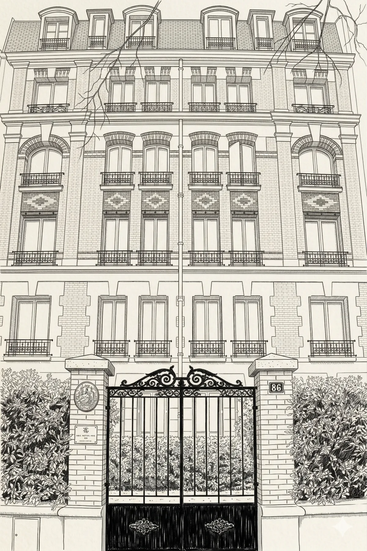 Illustration à la plume de la façade haussmannienne du 86 avenue du Général Leclerc — Office Notarial Alexandra NIOT